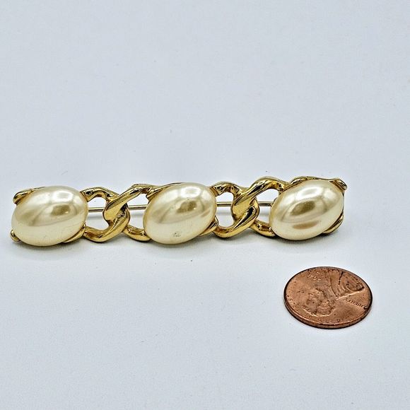 Faux Pearl Bar Brooch Vintage Gold Tone Links Elegant Statement Jewelry Pin - Picture 6 of 8